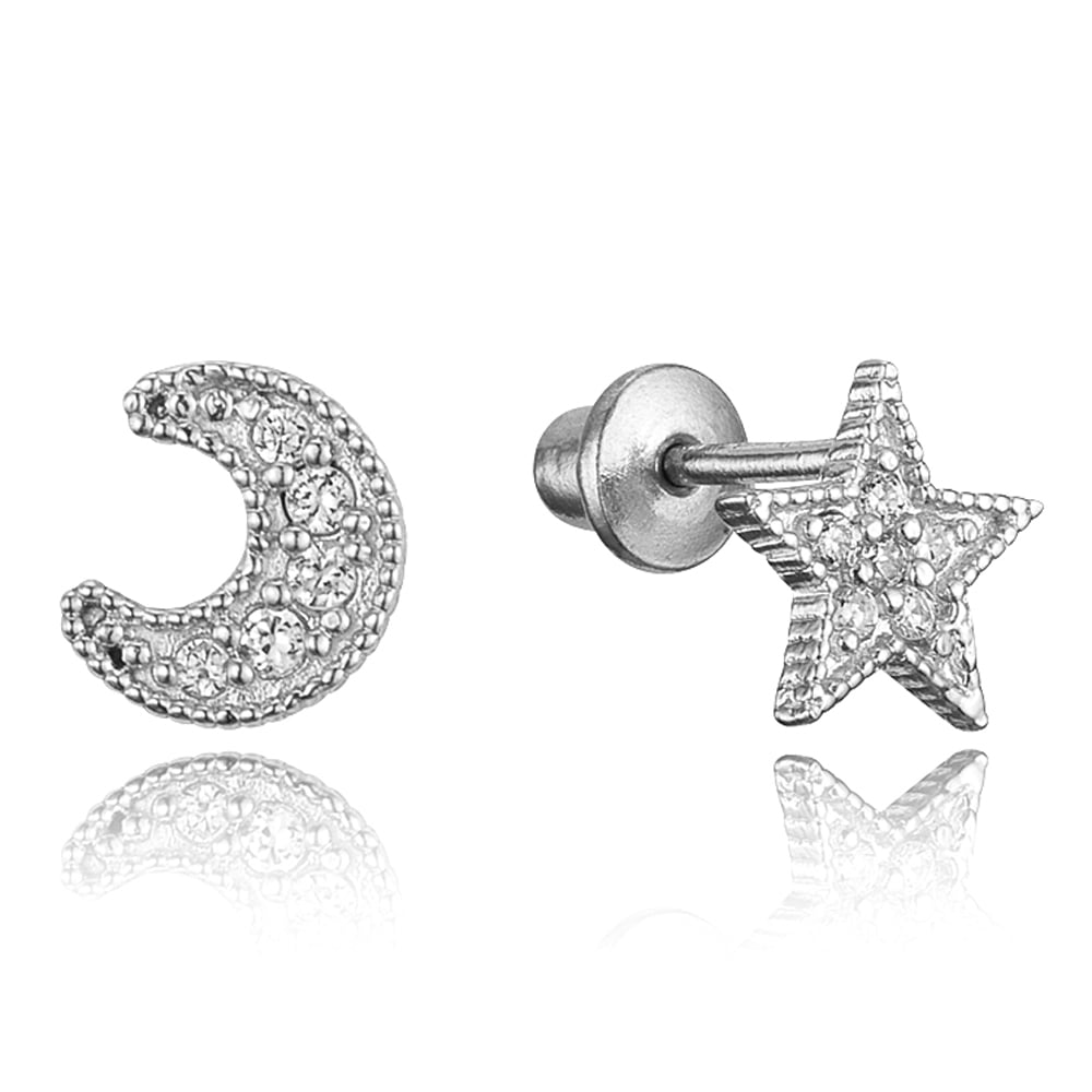 925 Sterling Silver Rhodium Plated Star Pave CZ Screwback Baby Girls Earrings 