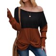 thumbnail image 4 of Women Color Block Crew Neck Long Sleeve Knot Hem Top, 4 of 6