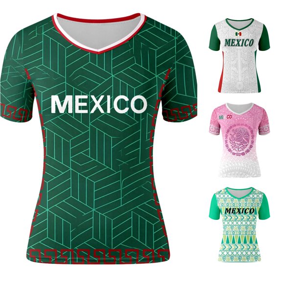 Trendfront Womens Mexico Letter Graphic Soccer V Neck Short Sleeve Geometric Print Country Pride Football Fan Match Day Athletic Style Top