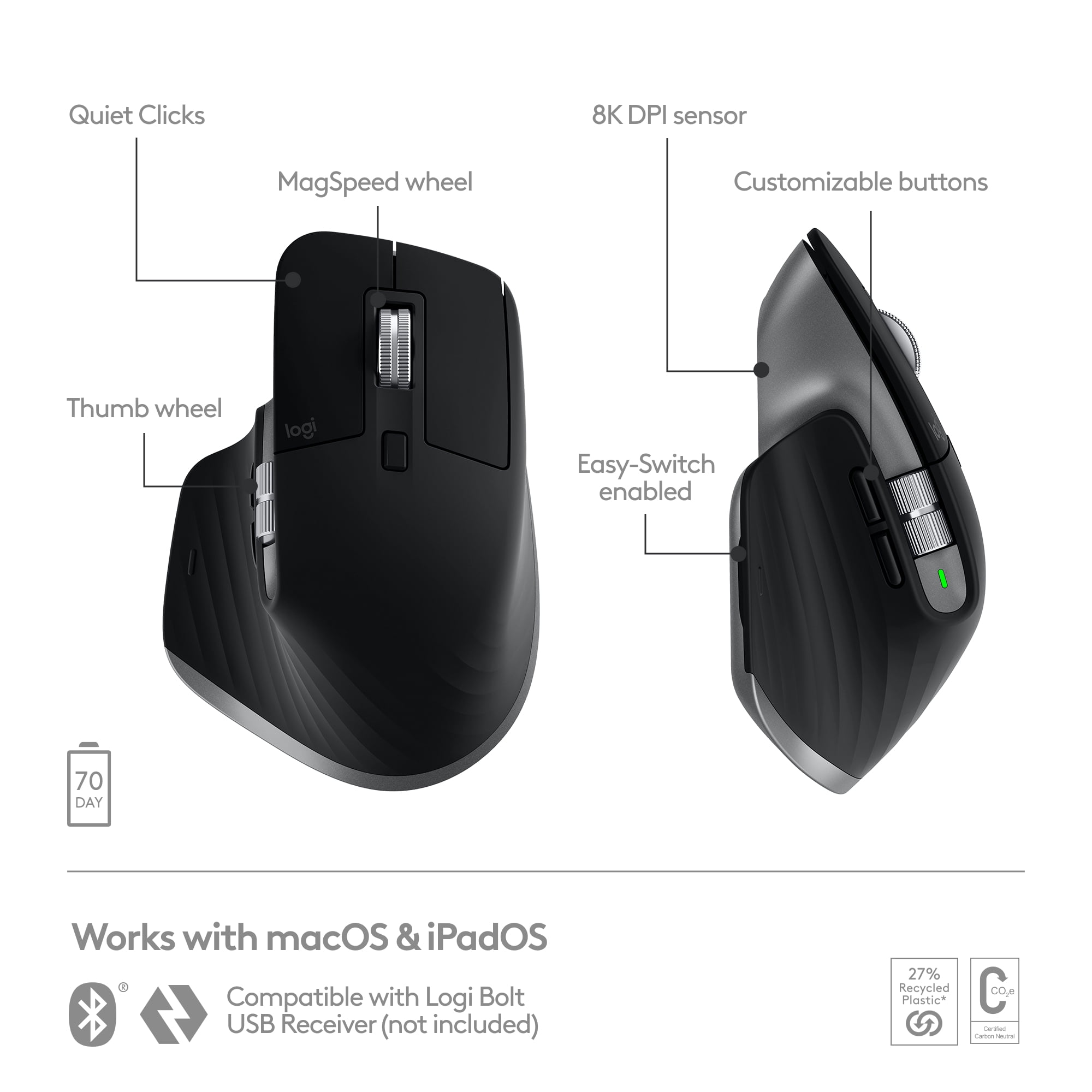 Logitech MX Master 3S for Mac Performance Wireless Mouse, Space 