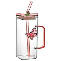 HCJKDU Square Tea and Coffee Glass Mug with Lid and Straw - Glass Sipper Tumbler for Fruit Juice Milk Tea and Coffee Can Cup with Glass Straw