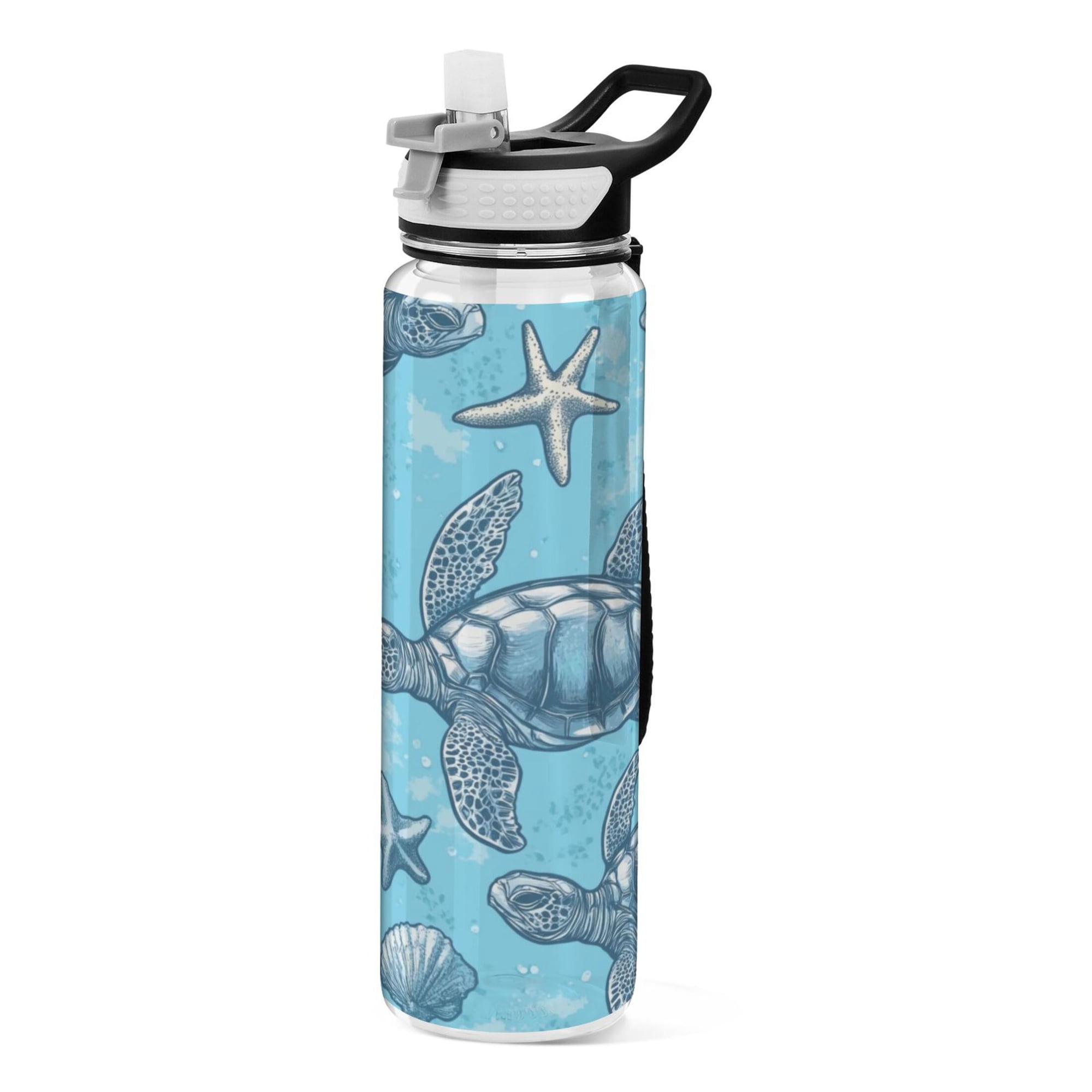32oz Transparent Sports Water Bottle with Straw for Kids Adults Outdoor School Gym Fitness Sea Turtles and Starfish Pattern