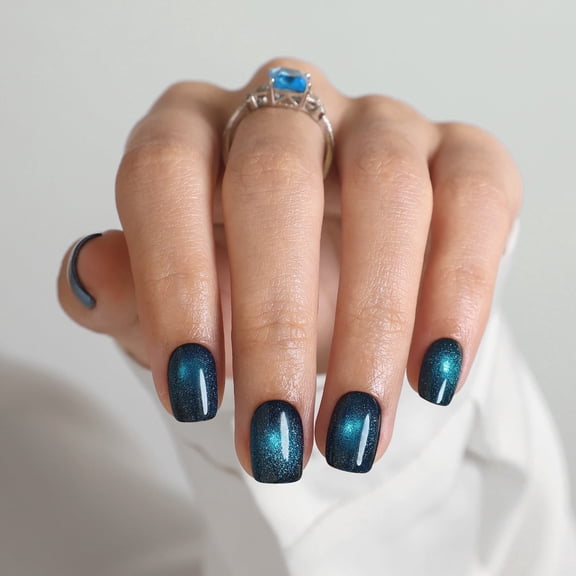 SHANGMENG Soft Gel Press on Nails Square, Cat Eye Deep Blue Starlight, Naturally Stick on Nails in 32PCS Reusable Fake Nails Kit with Glue