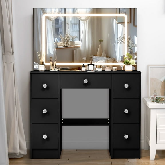 Ciumeeo Vanity Table Set with LED Lighted Mirror Makeup Dressing Table with Drawers and Shelves for Women, Black