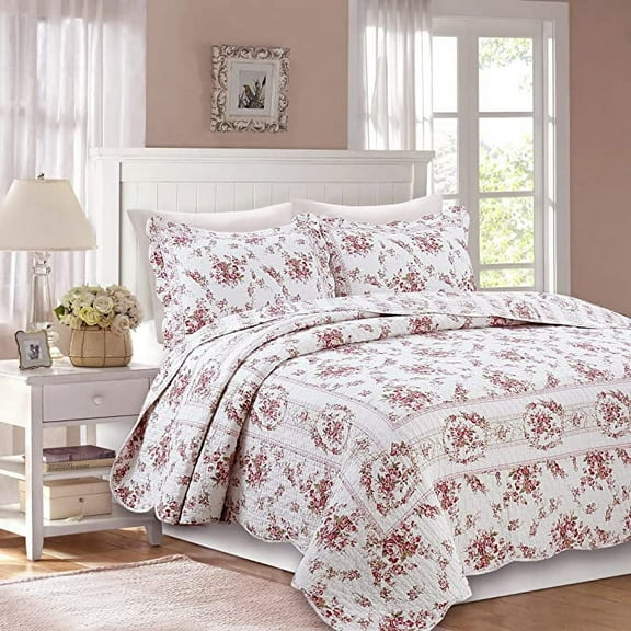 Cozy Line Cottage Vintage Rose Reversible 100% Cotton Quilt Bedding Set, 2-Piece Twin Set