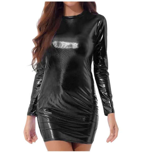 HAPIMO Women's Dress Crew Neck Long Sleeve Shiny Fabric Classic Design Daily Wear Black L