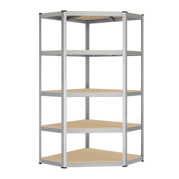 SONGMICS Corner Shelf 5-Tier, Garage Shelving, Heavy Duty Metal Shelving Unit, for Garage, Storage Room, Warehouse, Loads 875 kg, Silver and Natural Beige