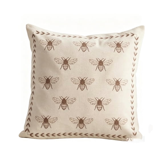 YAMB Embroidered Bee Cotton Decorative Pillow, 18" x 18" Ivory Soft Breathable Cushion with Leafy Border, Rustic Farmhouse Style Square Back Pillows for Indoor Outdoor Bed Couch Sofa Home Decor