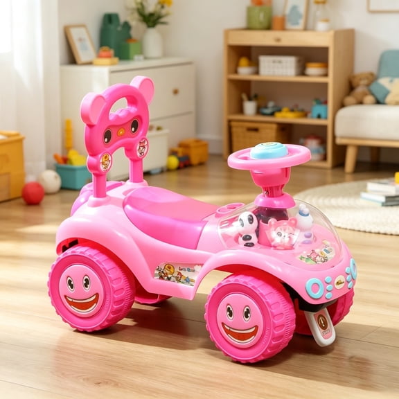 Kids Pink Foot-to-Floor Push Car, Horn, Light & Music, Anti-Tip Backwards Device, Underseat Storage for Toddlers