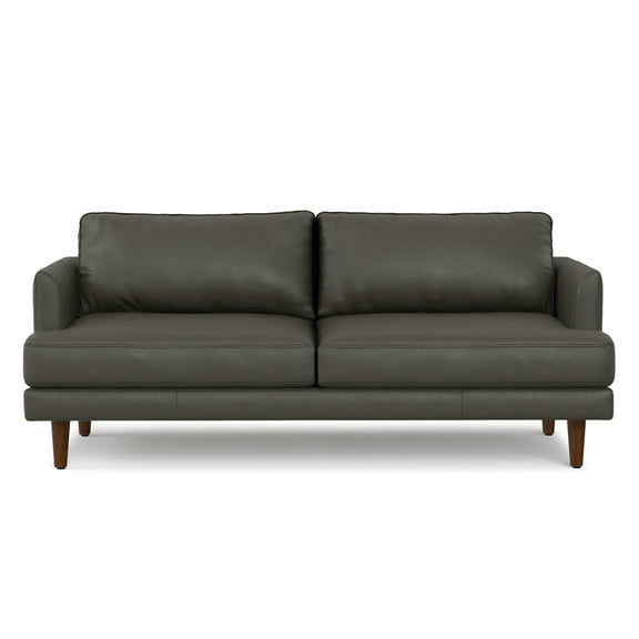Simpli Home Livingston 76 inch Wide Mid-Century Modern Sofa in Coal Top Grain Genuine Leather