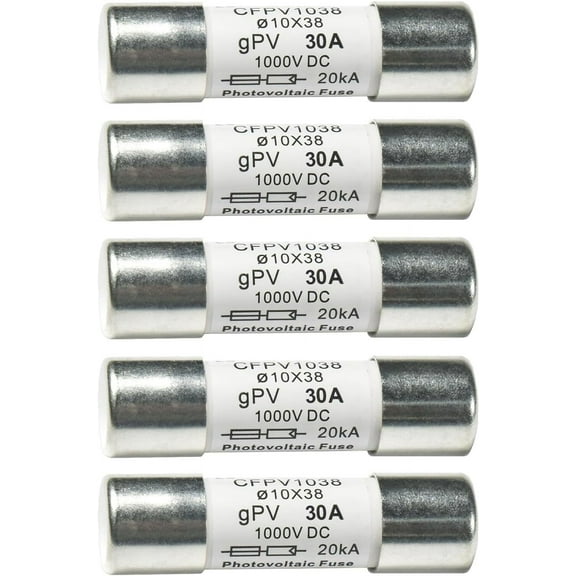 HQRP 5-Pack Solar PV Fast Acting Photovoltaic Fuse Link CFPV-1038, gPV type, 30 Amp 1000V DC, 10x38mm, 20kA IR, Replacement for Littelfuse SPF010, In-Line Midget Ceramic Fuses for Solar Power Systems