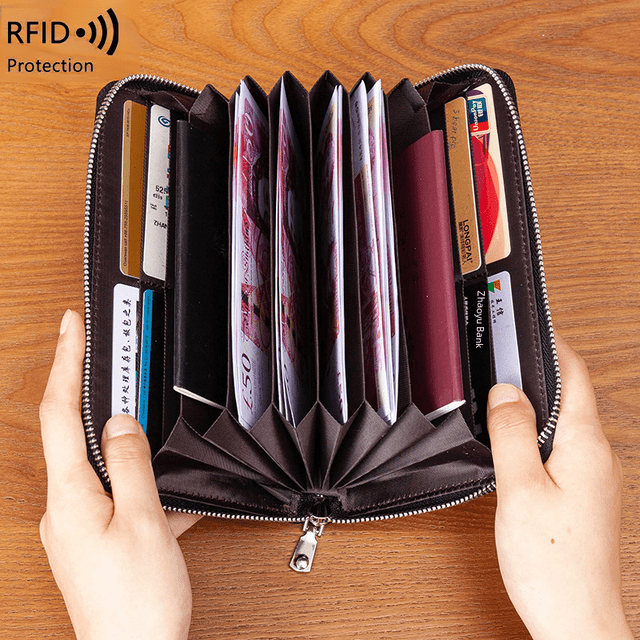 Cartera de cuero con múltiples funciones, capa superior de cuero, cremallera de mano, libreta de ahorros, pasaporte, billetera