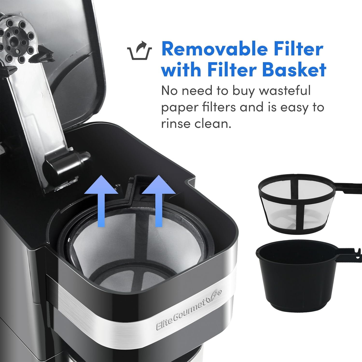 EHC111A Personal Single-Serve Compact Coffee Maker Brewer Includes 14Oz. Stainless Steel Interior Thermal Travel Mug, Compatible with Coffee Grounds, Reusable Filter, Black