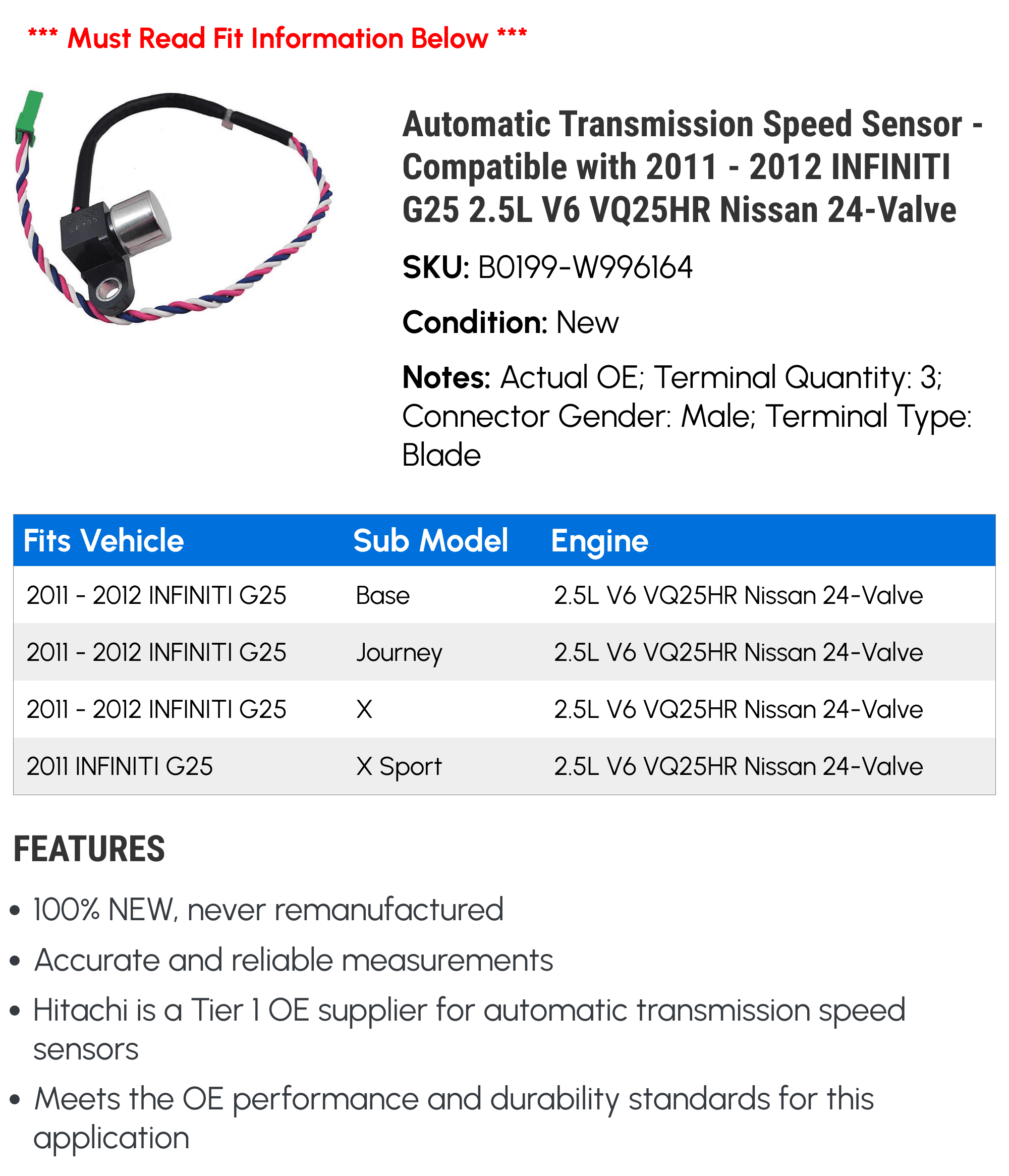 Automatic Transmission Speed Sensor - Compatible with 2011