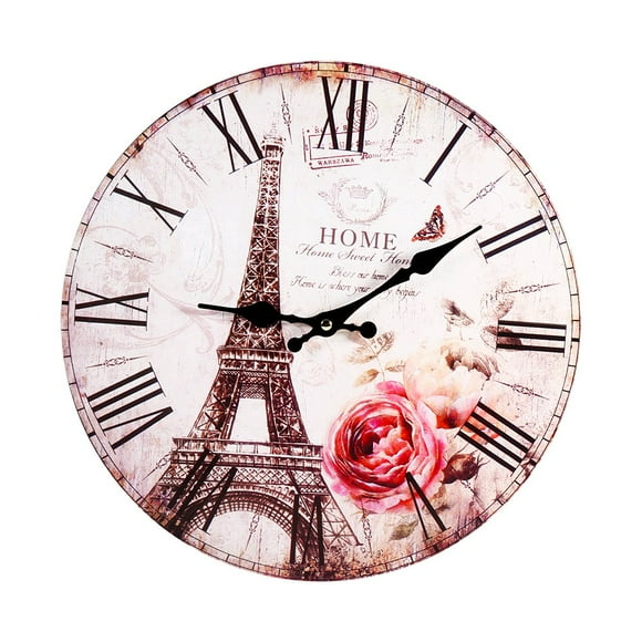 FYBTO Antique Style Vintage Paris Eiffel Tower Round Wood Wall Clock Kitchen Home Decoration-090404