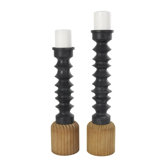 DecMode 2 Candle Black Metal Turned Style Candle Holder with Brown Wood Bases, Set of 2