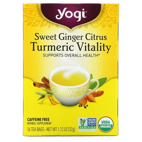 Yogi Thé, Gingembre Sucré Agrumes Curcuma Vitalité, Sans Caféine, 16 Sachets de Thé, 1.12 oz (32 g)