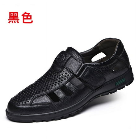 Summer Cool Sandals for Men Water Beach Shoes Hook&Loop Strap Genuine Leather Hollow Out Breathable Closed Toe Strong Non-Slip Rubber Sole Anti-Slip