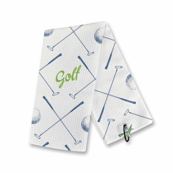 Microfiber Golf Towel with Carabiner Clip, 16×23.8in Absorbent Minimalist Crossed Blue Golf Clubs Golf Balls Green "Golf" Letter All Over Print Golf Club Cleaning Towel, Portable Golf Bag Sports Acce