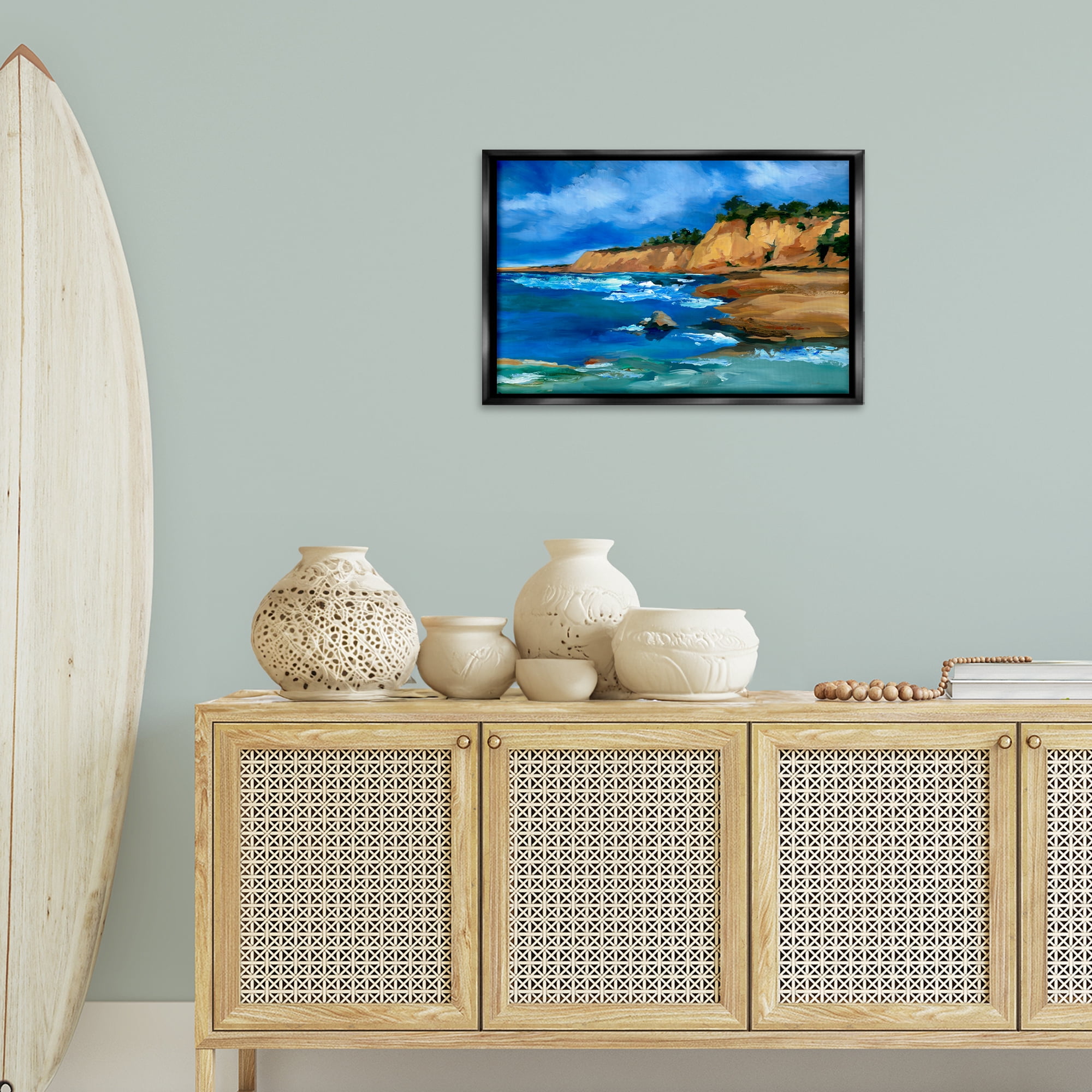 Stupell Industries Beachside Cliffs Landscape Landscape & Nature Painting Black Floater Framed Canvas Art Print Wall Art, 25 x 17
