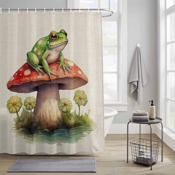 Frog Mushroom Fabric Shower Curtain for Bathroom Waterproof Polyester Bath Curtain with 12 Hooks Watercolor Plant Leaves Linen Washable Shower Curtain with Grommets 36"x72"