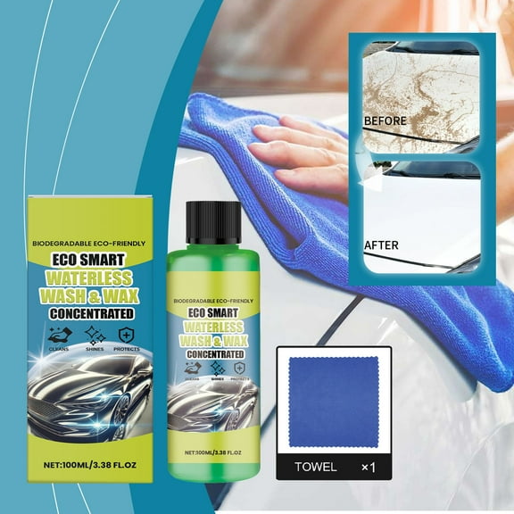Eco Smart Wash & Wax Concentrate 100ml | Waterless Biodegradable Car Cleaner | Eco-Friendly Detailing Spray with Microfiber Cloth, No-Rinse Formula