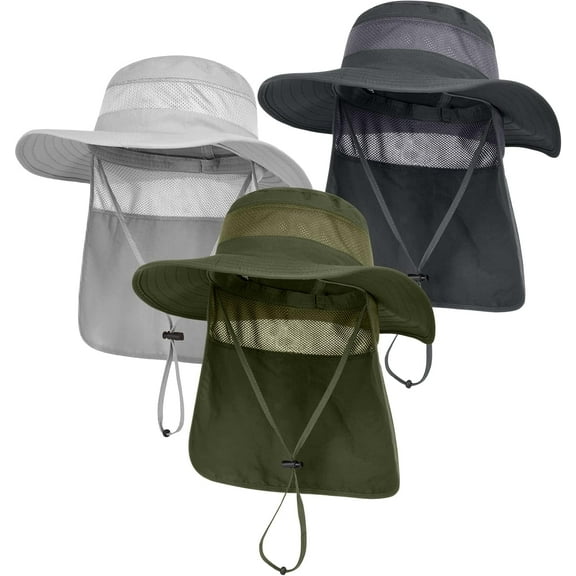 3 Pack Mens UPF 50 Wide Brim Sun Hat with Neck Flap for Fishing Hiking Garden