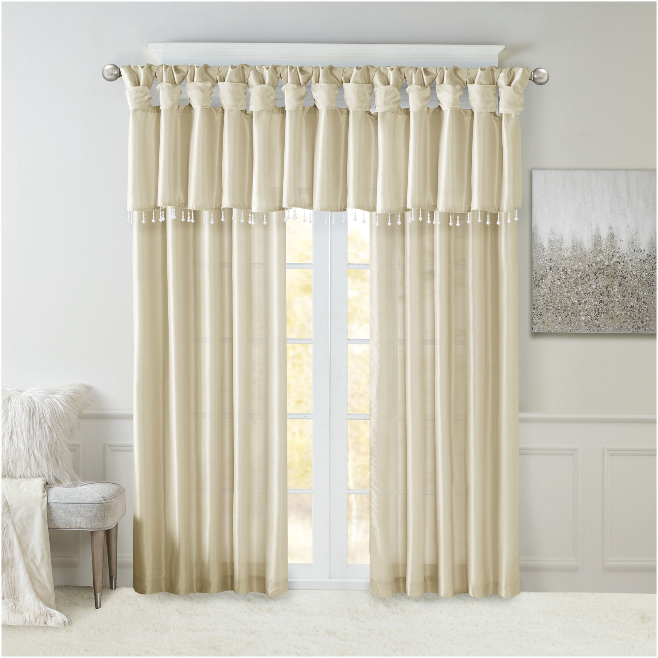 JERFIT Elegant Champagne Faux Silk Window Valance with Beaded Trim, 50x26 Inch Lightweight Blackout Valance for Living Room Bedroom