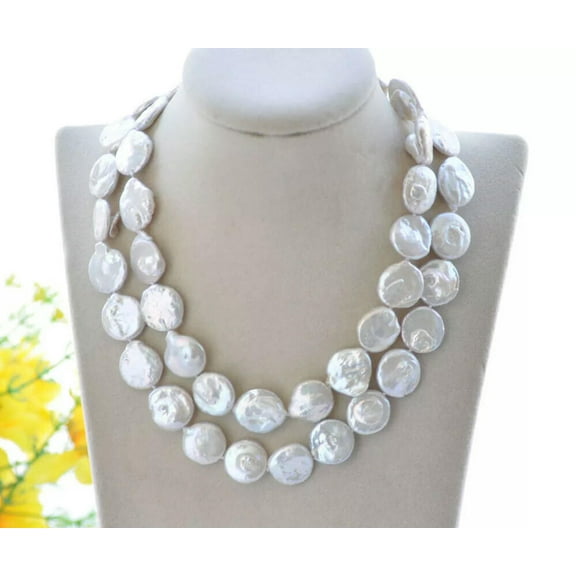 EOEMY 33" 15mm White Coin Freshwater Pearl Necklace Cz
