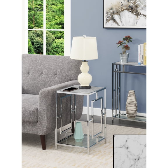 Convenience Concepts Town Square Chrome End Table, Faux White Marble/Chrome Frame