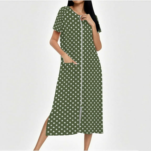 Sakmal Womens Nightgowns Plus Size Zip Up Pajama Dress Short Sleeve Crew Neck Green with Pockets Nightgowns for Women S