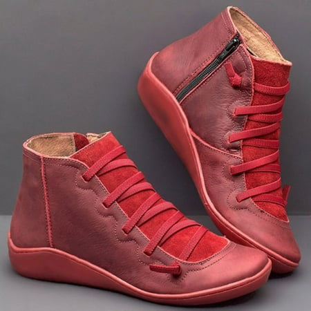 

YOUSNH Leather Round Casual Lace-up Women s Boots Shoe Side Toe Flat Zipper Boots Retro Booties for Women Shoes Woman 2024 Trend Red 9