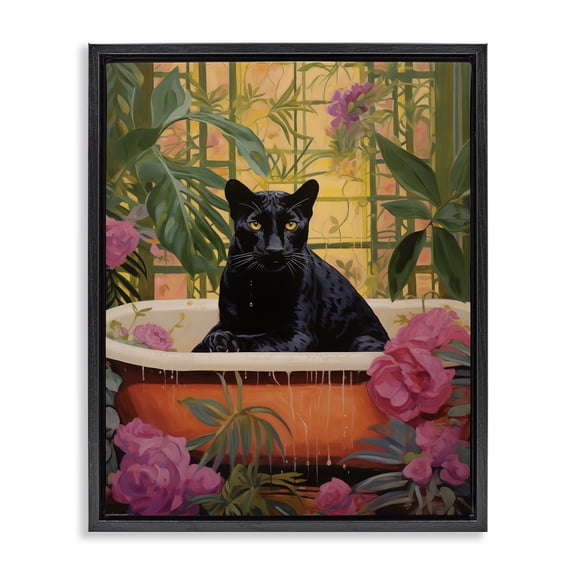 Stupell Industries Lush Tropics Panther Bath Animals Painting Black Floater Framed Canvas Art Print Wall Art, 17 x 21