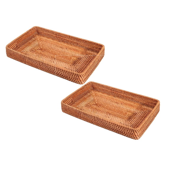 2 Pcs Wicker Storage Basket, Rattan Tray Rectangular Decorative Serving Woven Trays, Wicker Baskets Food Serving Holders for Storage Home Kitchen Restaurant Decor