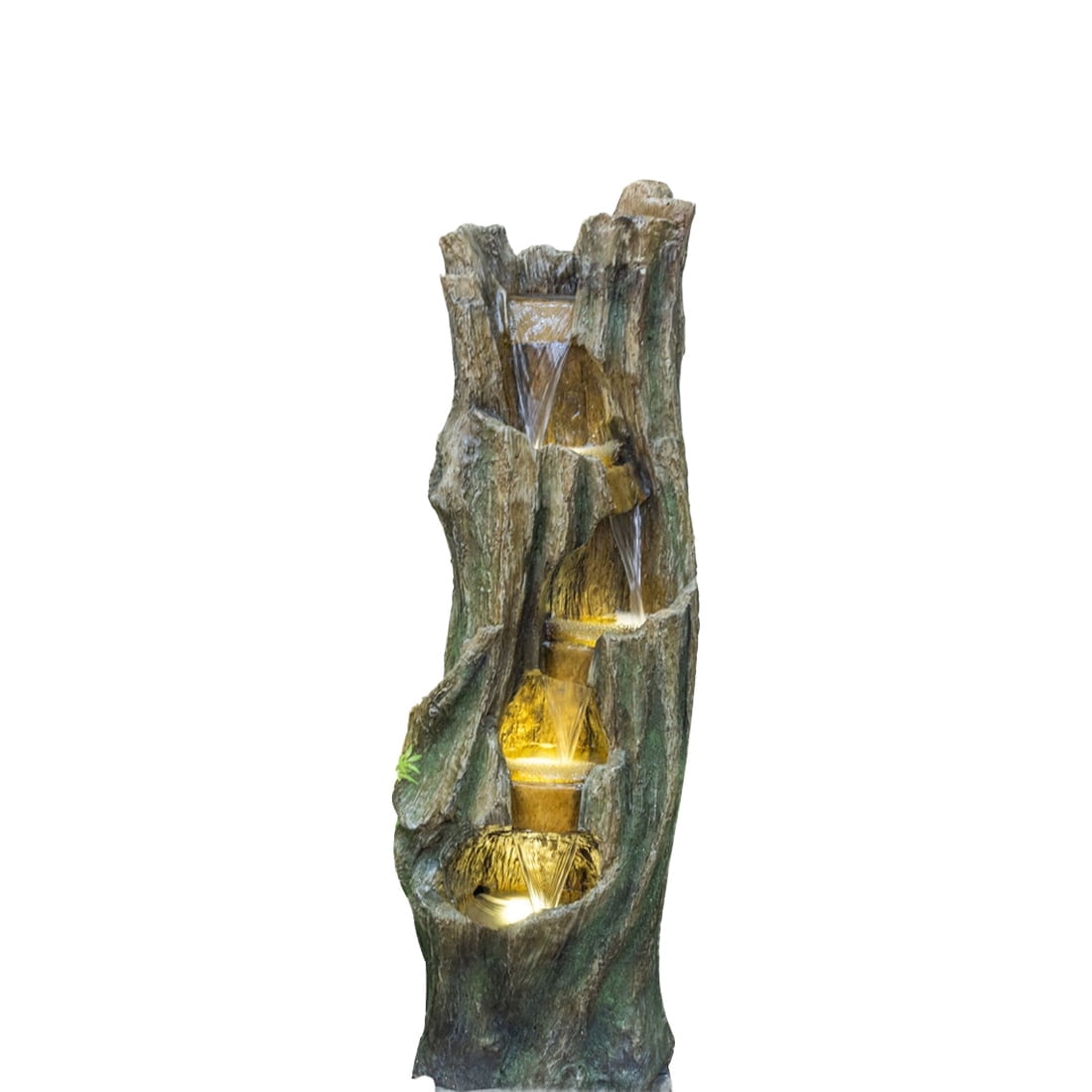 Outdoor Waterfall Fountain with LED Lights Resin Garden Fountain Multi Tier Tree Trunk Design Patio Yard Deck Decorative Water Feature