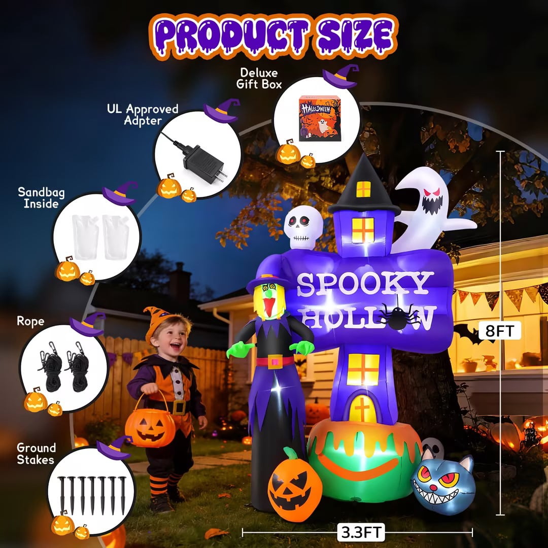 Funcid 8FT Halloween Inflatable Witch Decoration with LED Lights - Outdoor Blow Up Halloween Decor with Ghost & Tombstones for Yard
