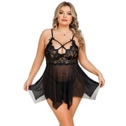 Plus Size Lingerie, CaiDieNu Lingerie for Women Plus Size, Sexy Lingerie Low Back Lace Mesh Chemise - Black 4XL