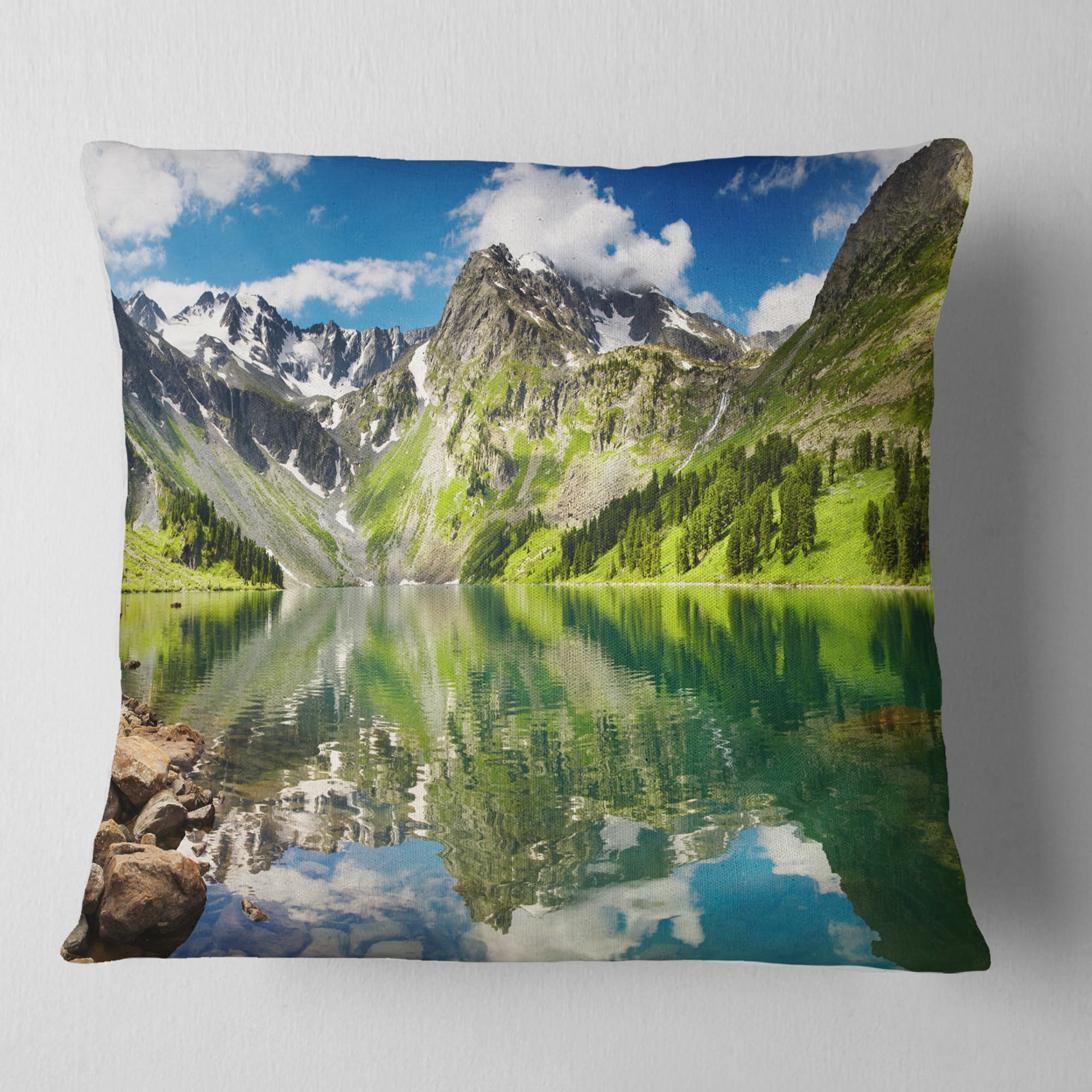 Designart Reflecting Mountain Lake - Landscape Printed Throw Pillow - 16x16