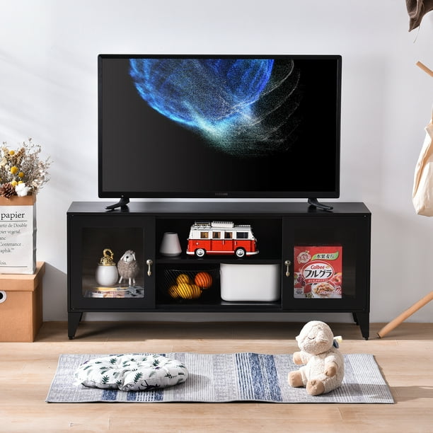 Storage Cabinet And Open Shelves, Black Metal Tv Console Table