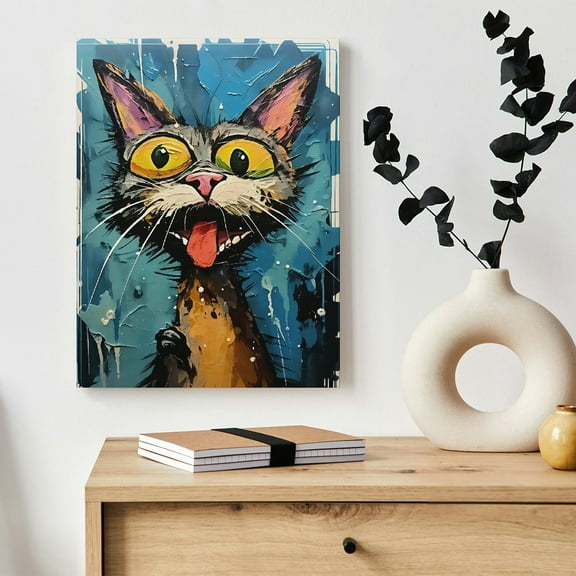 Hidden Frame Canvas Wall Art - Playful Exaggerated Expression Cat Oil Painting Style Trendy Popular Wall Decor for Living Room 16x24in