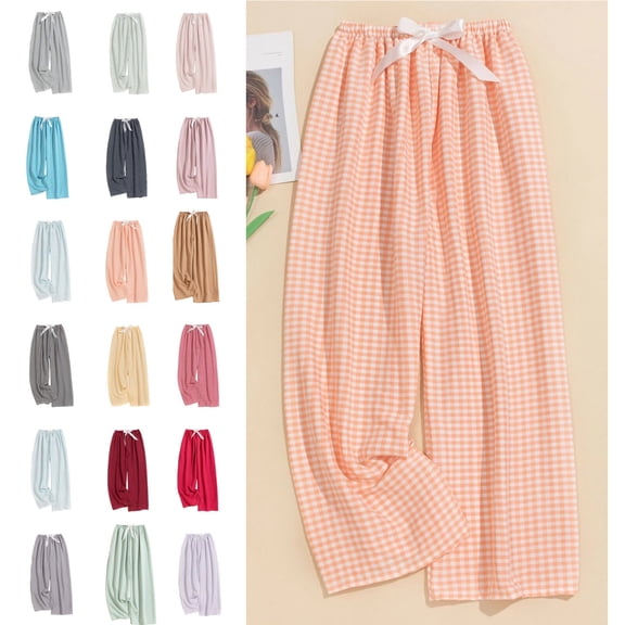 Womens Checkered Pants Casual Drawstring High Waisted Wide Leg Lounge Pants 2025 Trendy Plaid Pajama Pant Pj Bottoms Orange Free
