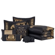 Chezmoi Collection Royal Luxury Jacquard Floral Comforter Set, Queen, Black/Gold, 7-Piece