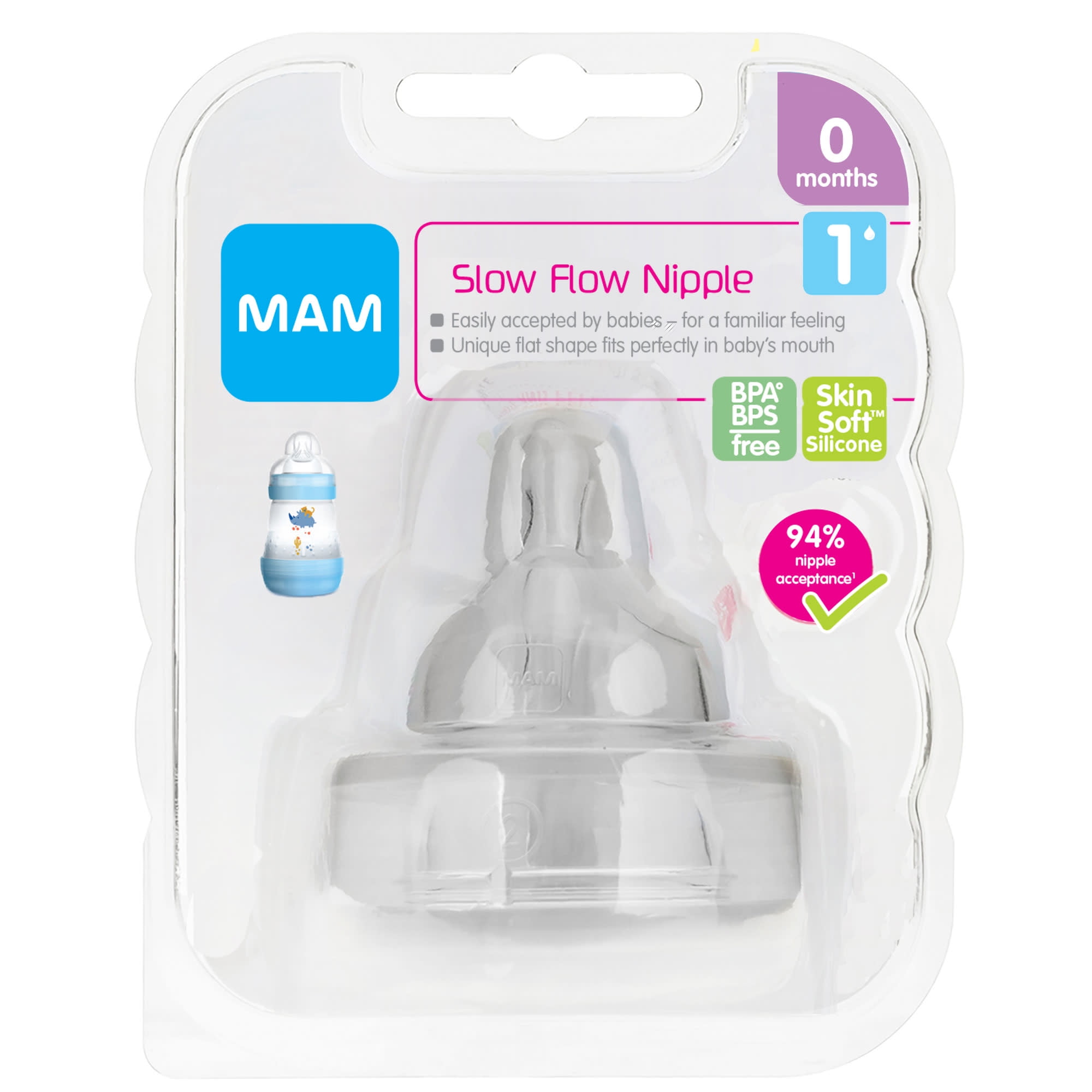 MAM Bottle Nipples Extra Slow Flow Nipple 0-Set of 2 for Newborns and Older