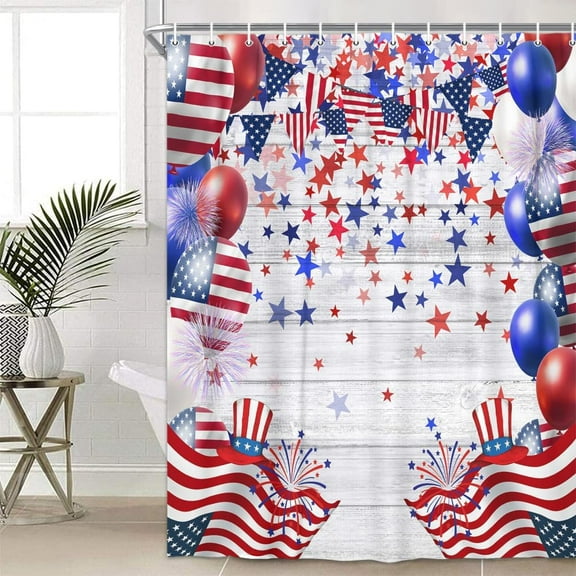 Happy 4th of July Independence Day Shower Curtain, Presidents Day Memorial Day Veterans Day God Bless The USA Patriotic Bathroom Shower Curtain with 12Pcs Hook