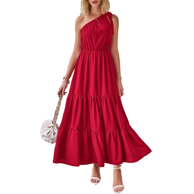 Vestido PRETTYGARDEN Maxi Floral de Verano con Hombro Descubierto Rojo XXL