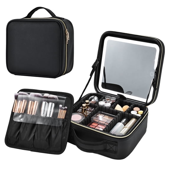 Portable Makeup Bag with LED Mirror Travel Makeup Case Large Cosmetic Train Case with Brush Holder