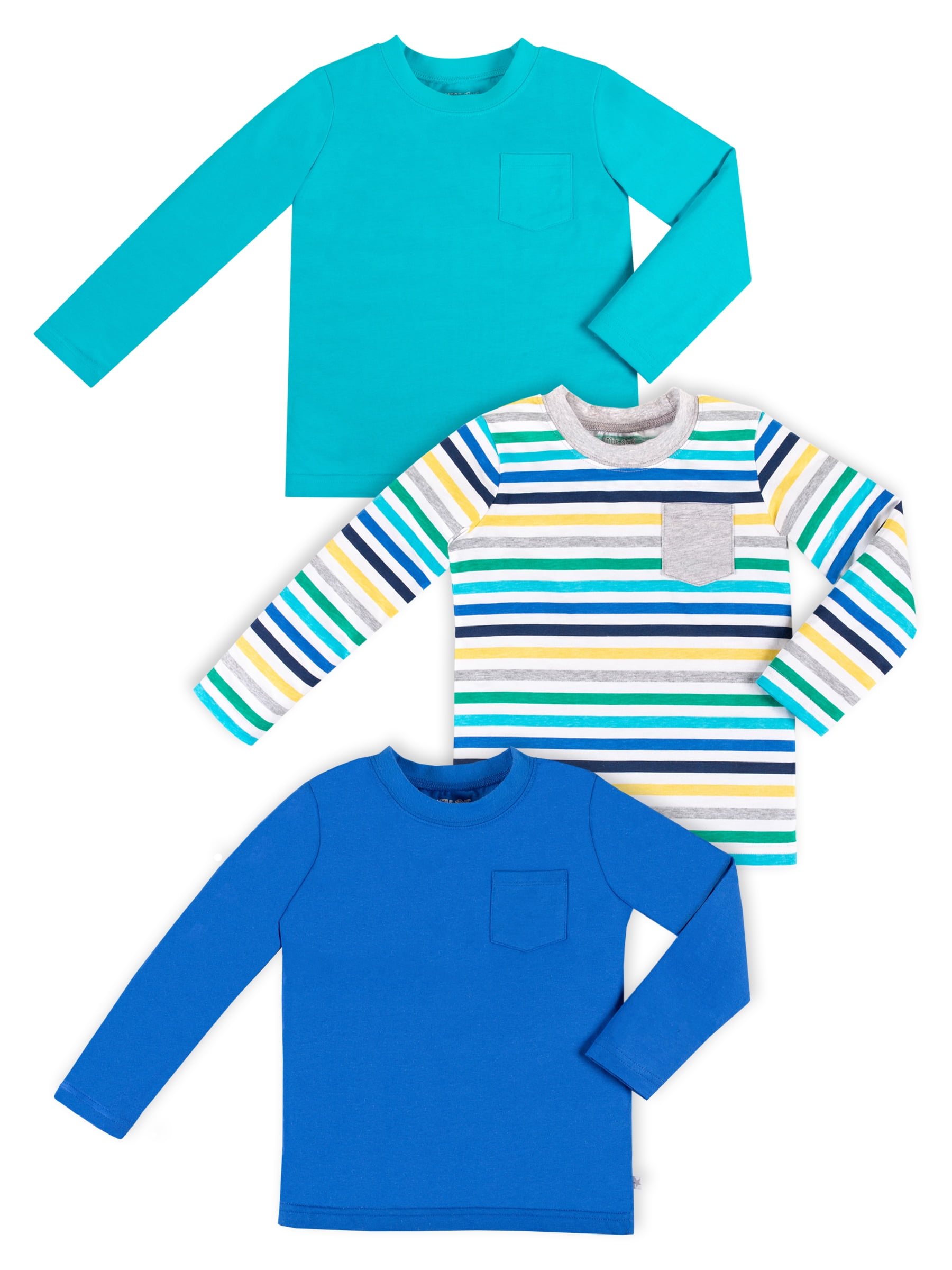 Little Star Organic Toddler Boy 3 Pk Long Sleeve Pocket Tees, Size 12 Months - 5T
