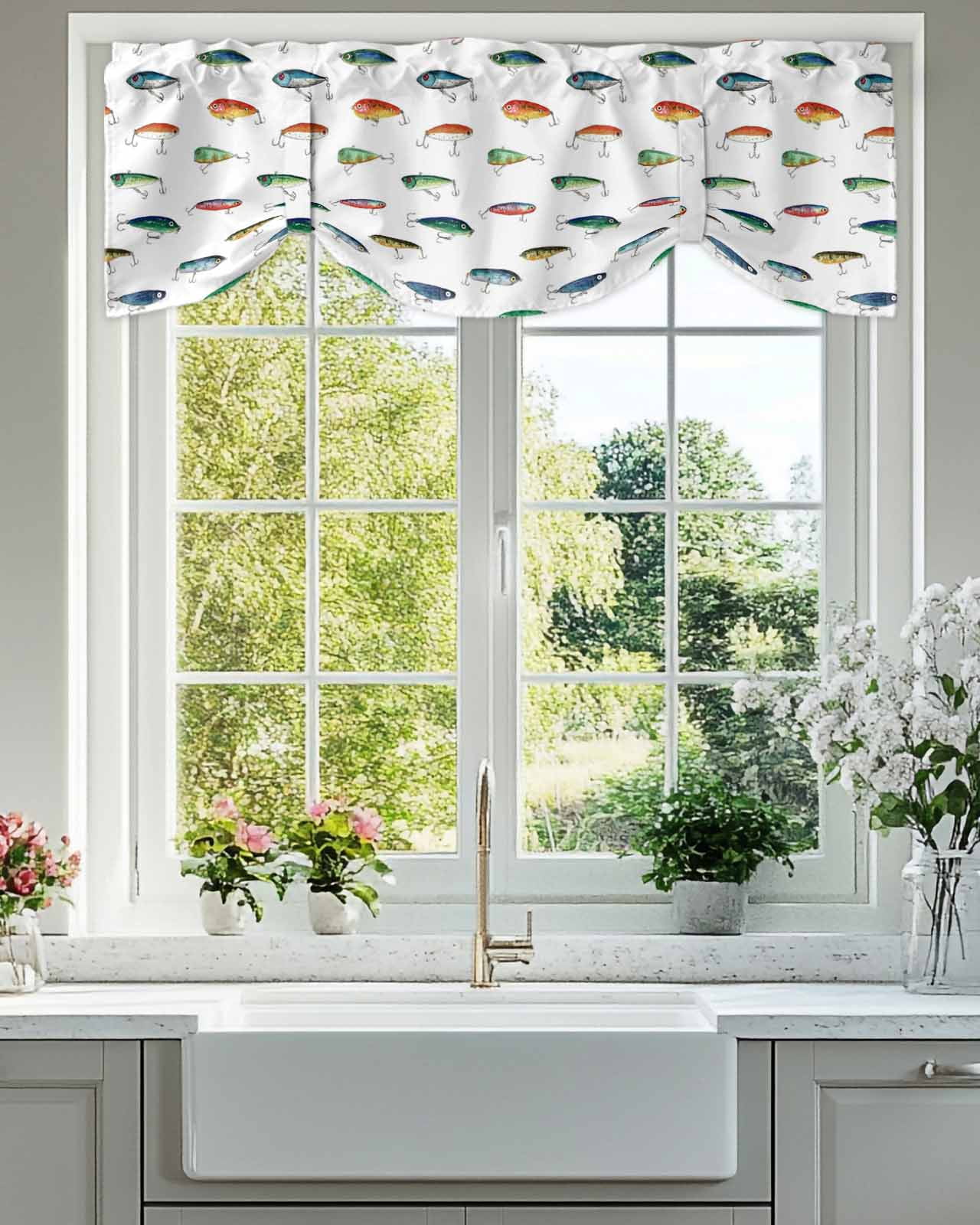 Fish Tie Up Valances Curtain, Adjustable Kitchen Colorful Hook Bait Leisure Fishing Watercolor Valances for Windows Decor, Rod Pocket Short Curtains Set for Bedroom/Bathroom, 60"x18"