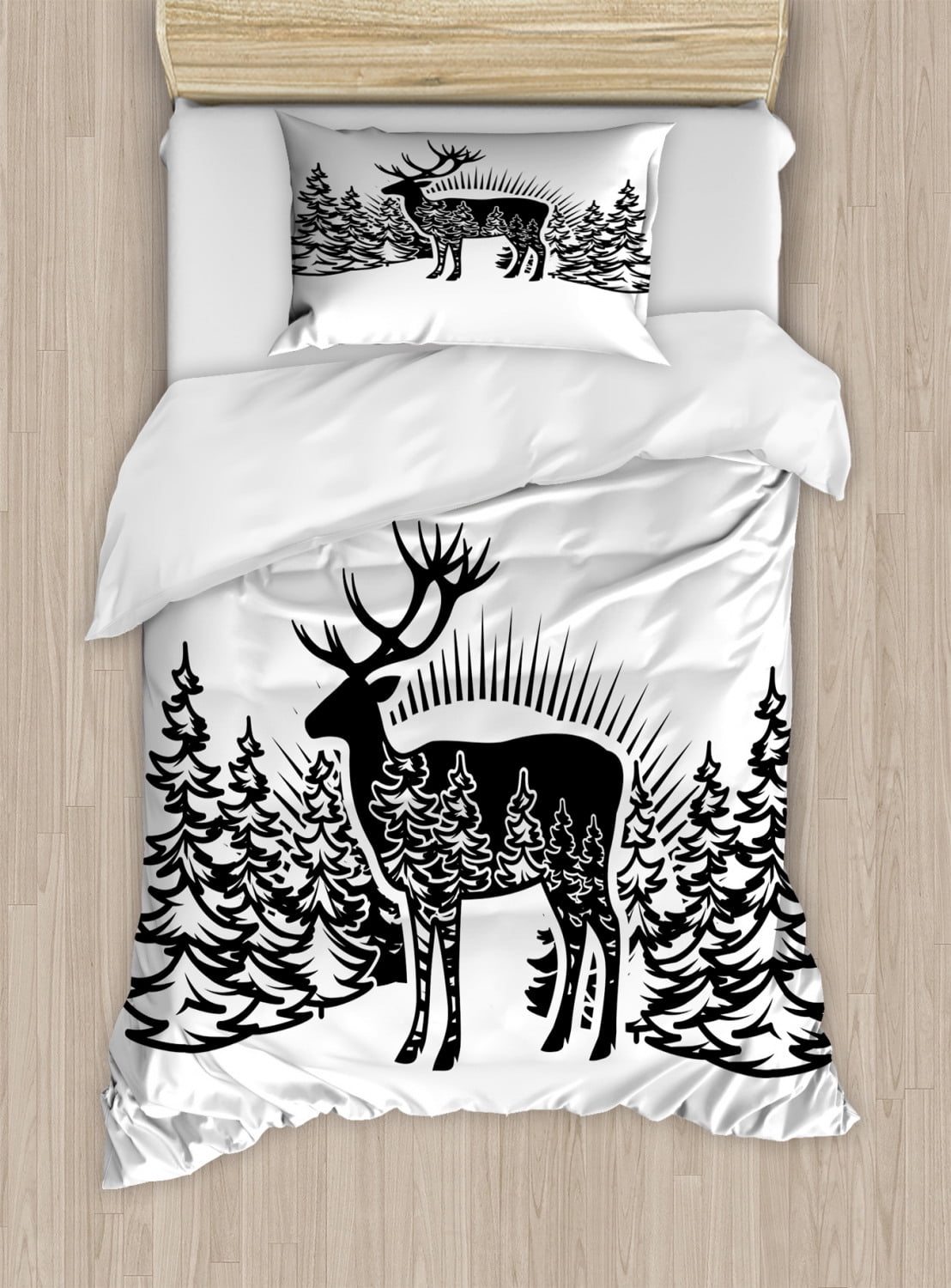Deer Hunting Duvet Cover Set Twin Size, Reindeer Horns Spruce Forest