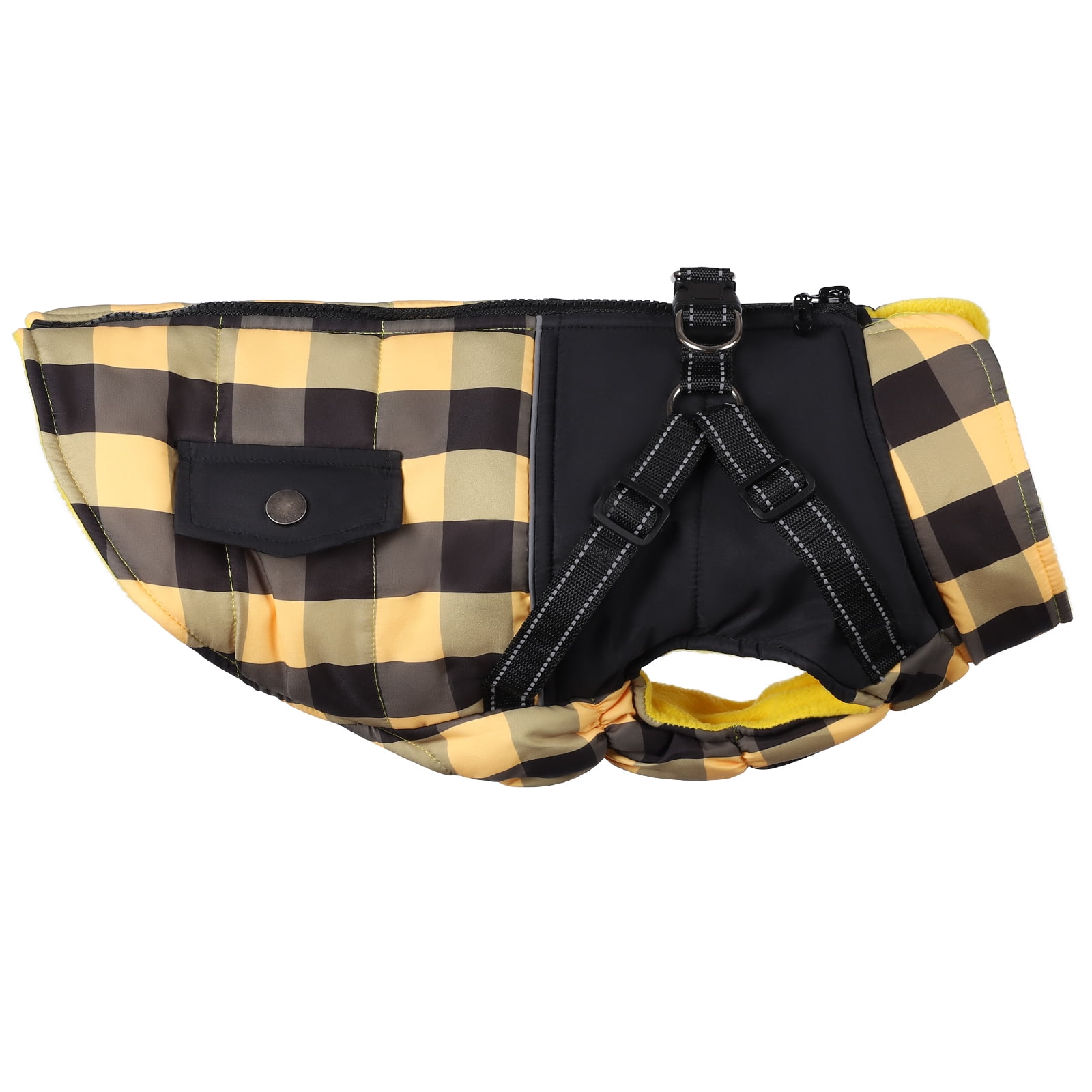 Classic Plaid Warm Dog Coat with Harness, Reflective Stripes Winter Coat for Cold Weather, Windproof Dog Winter Clothes Yellow S